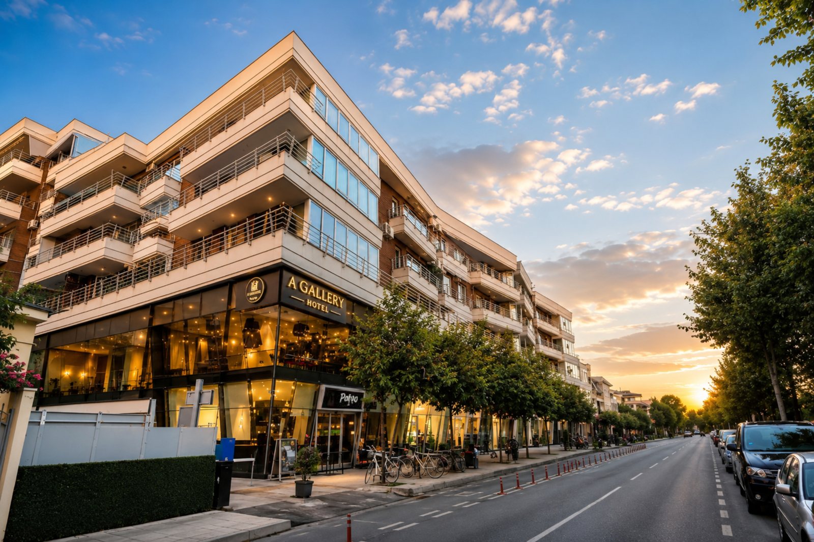 A Gallery Hotel exterior at sunset in Shkodër